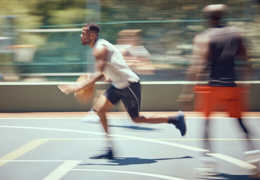 Sports, fitness and basketball man with energy running on the court for a cardio workout, training and exercise. Wellness, action or healthy black man or athlete in an active game in summer with blur