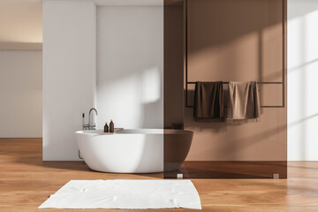 Fototapeta na wymiar Light bathroom interior with bathtub and glass partition