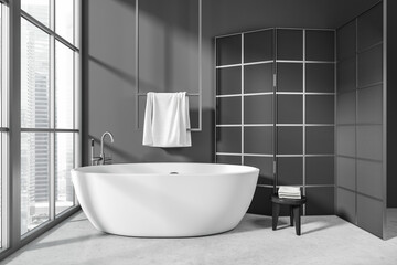 Fototapeta na wymiar Grey bathroom interior with tub and partition, accessories and panoramic window
