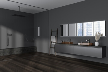 Grey modern bathroom interior with double sink and douche in the corner