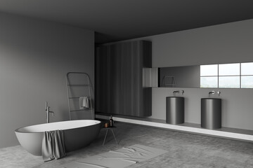 Fototapeta na wymiar Grey bathroom interior with tub and double sink with mirror, panoramic window