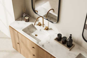 Top view of light bathroom interior with washbasin and accessories - obrazy, fototapety, plakaty