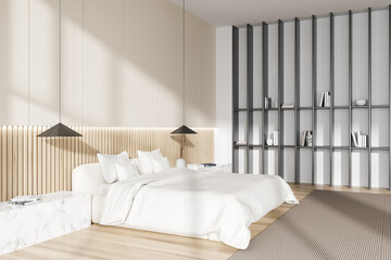 Stylish bedroom interior with bed and shelf with art decoration