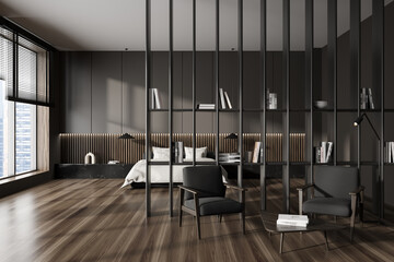 Brown bedroom interior with relax and sleep zone, shelf partition and window
