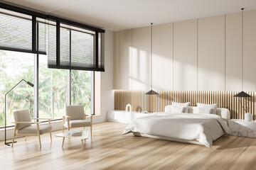 Cozy bedroom interior with chill and sleeping area, panoramic window