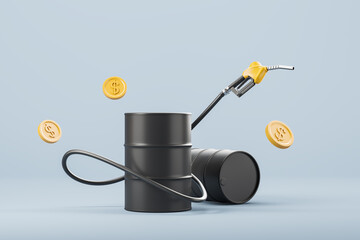 Oil barrel container and gas pump with floating dollar coins, high prices