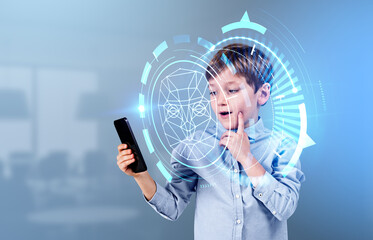 Kid boy with phone and biometric scanning digital hologram hud