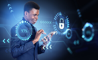 African businessman using tablet, padlock hud with lines and arrows