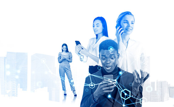 Diverse business people using smartphone, network and cityscape