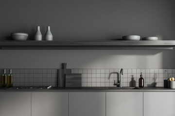 Front view on dark kitchen interior with cupboard, grey wall