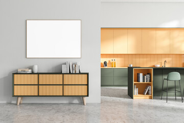 Colored kitchen interior with sideboard and cooking area. Mockup frame