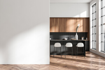 Modern kitchen interior with bar countertop and seats, window. Empty wall