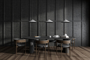 Grey living room interior with table and chairs, lamps