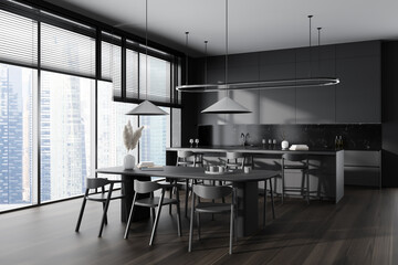 Modern kitchen interior with bar island and eating zone, kitchenware and window