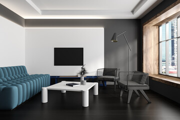 Grey living room interior with couch and tv screen, panoramic window
