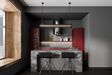 Grey kitchen interior with bar countertop and seats, panoramic window