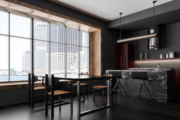 Modern kitchen interior with bar island and eating area, kitchenware and window