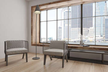 Light meeting room interior with seats and decor, panoramic window