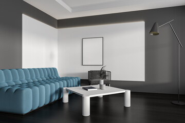 Modern living room interior with couch and armchair. Mockup frame