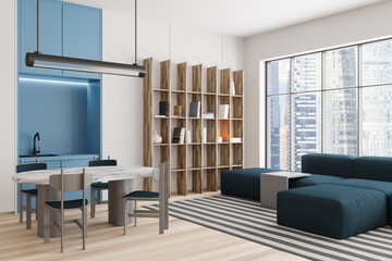 Luxury studio interior with dining and chill space, shelf and window