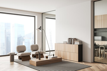 Light office room interior with relax and conference area, window. Mockup wall - obrazy, fototapety, plakaty
