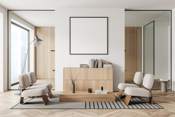 Naklejka na ściany i meble Stylish office room interior with armchairs and drawer with window, mockup frame