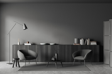 Grey relax interior with seats and drawer with decoration. Mockup empty wall