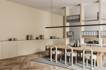 Light business room interior with meeting and chill zone. Mockup wall