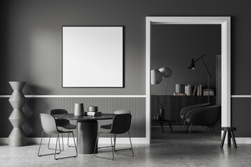 Grey living room interior with eating and relax area with decor. Mockup frame