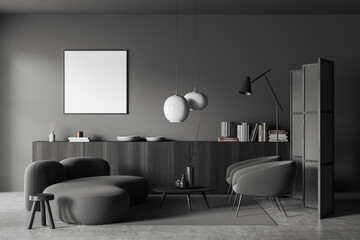 Grey chill room interior with couch and stylish decoration. Mockup frame