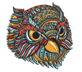Owl bird head portrait. Animals concept. Old school tattoo vector art. Hand drawn graphic. Isolated on white. Traditional flash tattooing style