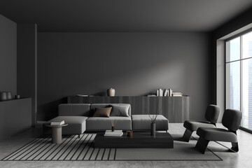 Grey living room interior with sofa and drawer with window. Mockup empty wall