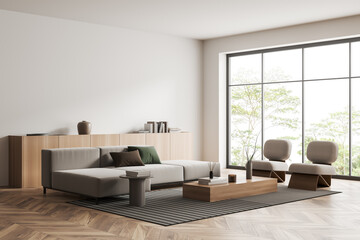 Naklejka na ściany i meble Light relax interior with soft place and drawer with window. Mockup empty wall