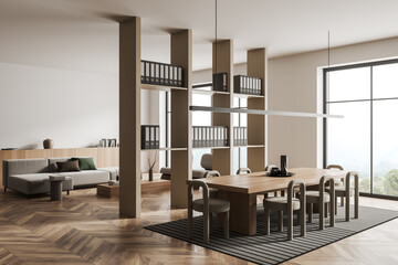 Light business room interior with meeting and relax area, panoramic window