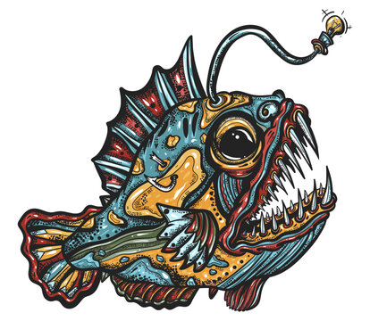 Angler fish. Underwater sea monster. Old school tattoo vector art. Hand drawn graphic. Isolated on white. Traditional flash tattooing style