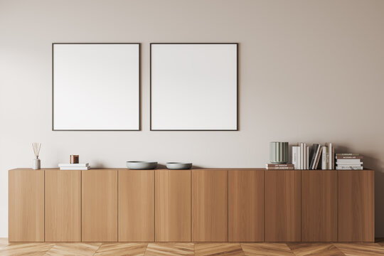 Light gallery room interior with drawer and decoration. Mockup frames