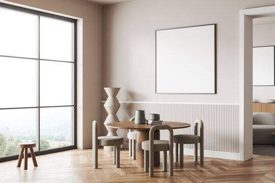 Light meeting room interior with table and chairs, panoramic window. Mockup frame