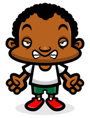 Cartoon illustration of African Boy wearing casual outfit with angry facial expression, best for sticker, logo, and mascot with educational themes