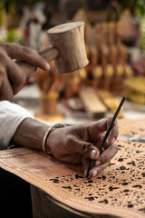 craft artist making traditional buffalo leather carving art in indonesia