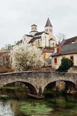 Fototapeta na wymiar Chatillon-sur-Seine. Un vieux village médiéval. Un pont en pierre sur une rivière. Un arbre en fleur dans une ville ancienne.