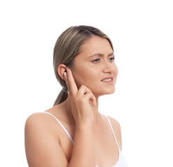 Young woman suffering from ear pain on white background