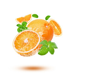 Water splash on fresh orange with mint isolated on transparent background. (.PNG)