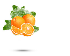 Water splash on fresh orange with mint isolated on transparent background. (.PNG)
