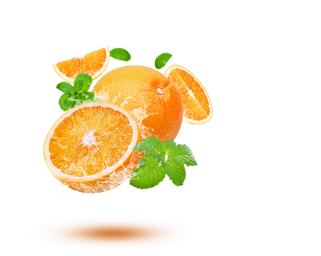 Water splash on fresh orange with mint isolated on transparent background. (.PNG)