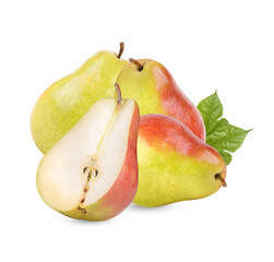 Ripe pears with leaves isolated on transparent background. (.PNG)