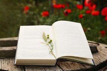Open book with spike and chamomile flowers on wooden table outdoors