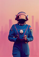 Female astronaut on a hazy red land