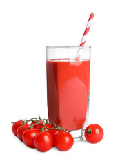 Glass of tasty tomato smoothie and fresh vegetables on white background
