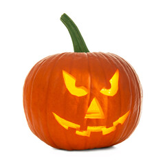 Scary jack o'lantern pumpkin isolated on white. Halloween decor
