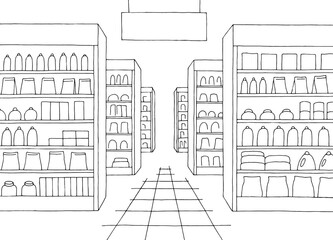 Grocery store shop interior black white graphic sketch illustration vector 